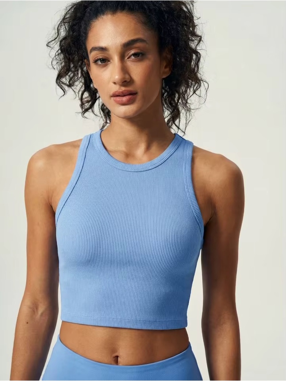 Divided Ribbed Crop Tank Top - Light Blue - Picture 2 of 5